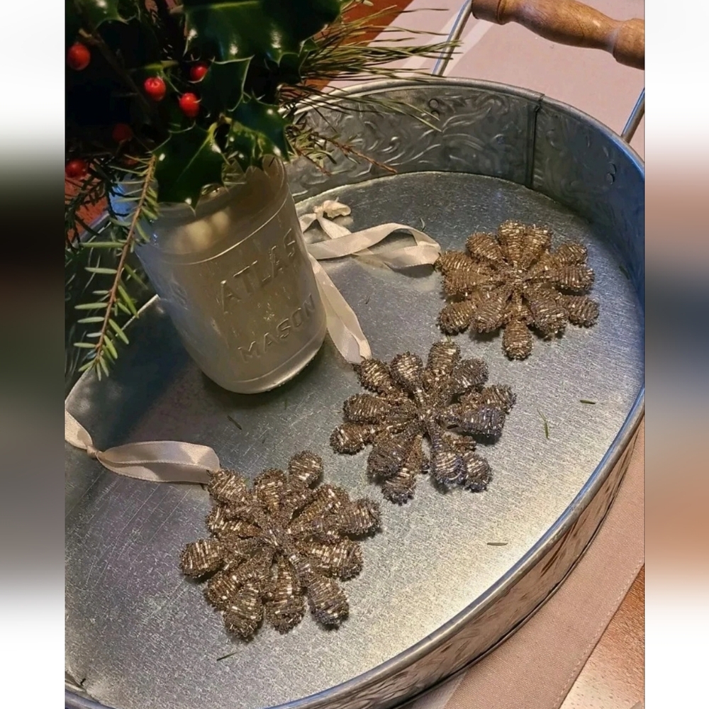 Vintage Silver Beaded Pottery Barn Snowflakes Seed Beaded 4" Ornament Set Of 3